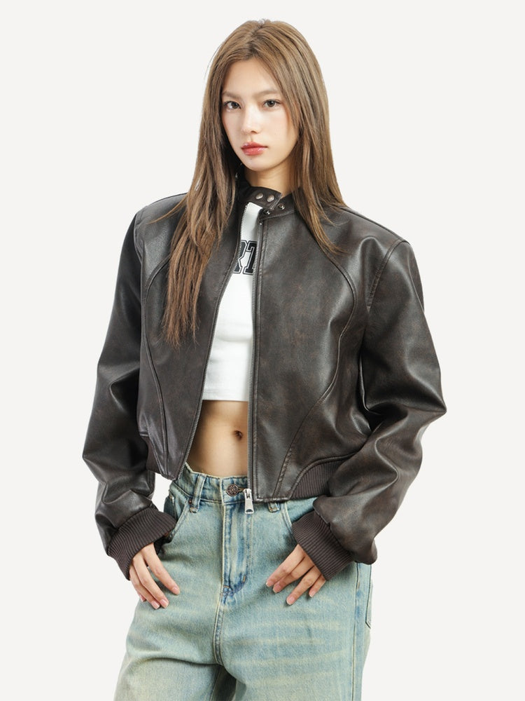 Curve-Paneled Cropped Faux Leather Jacket