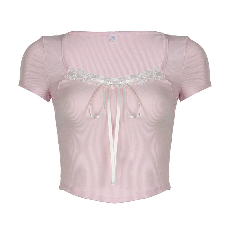 Lace Trim Tied Bow Blouse