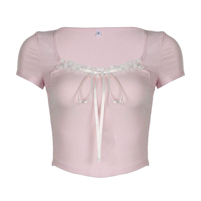 Lace Trim Tied Bow Blouse