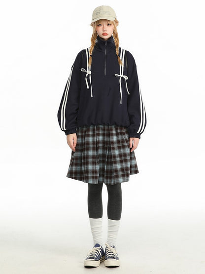 Striped Bow Half Zip Sweatshirt