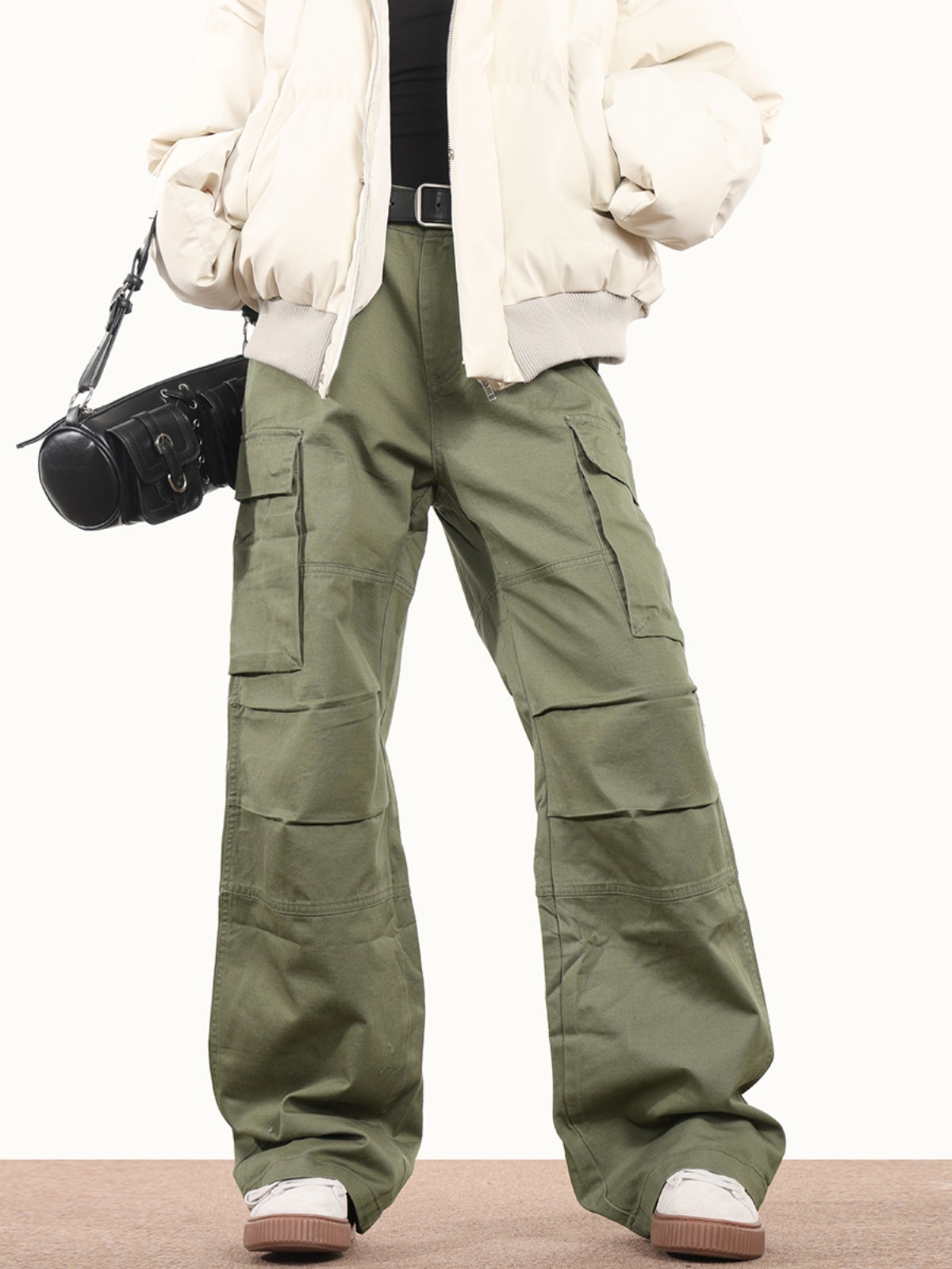 Triple-Pleated Cargo Pocket Pants