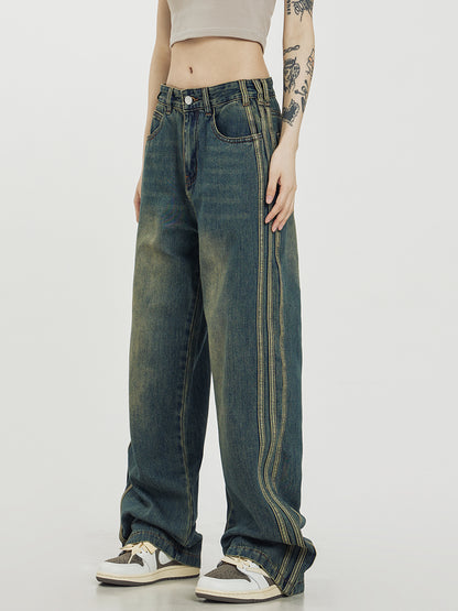 Retro Washed Striped Denim Jeans