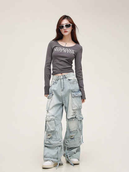 Distressed Multipocket Denim Cargo Jeans