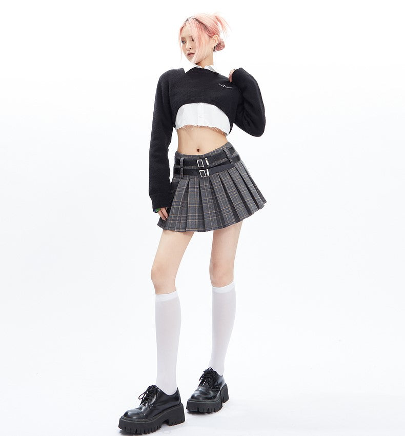 Plaid Double Belt Pleated Mini Skirt