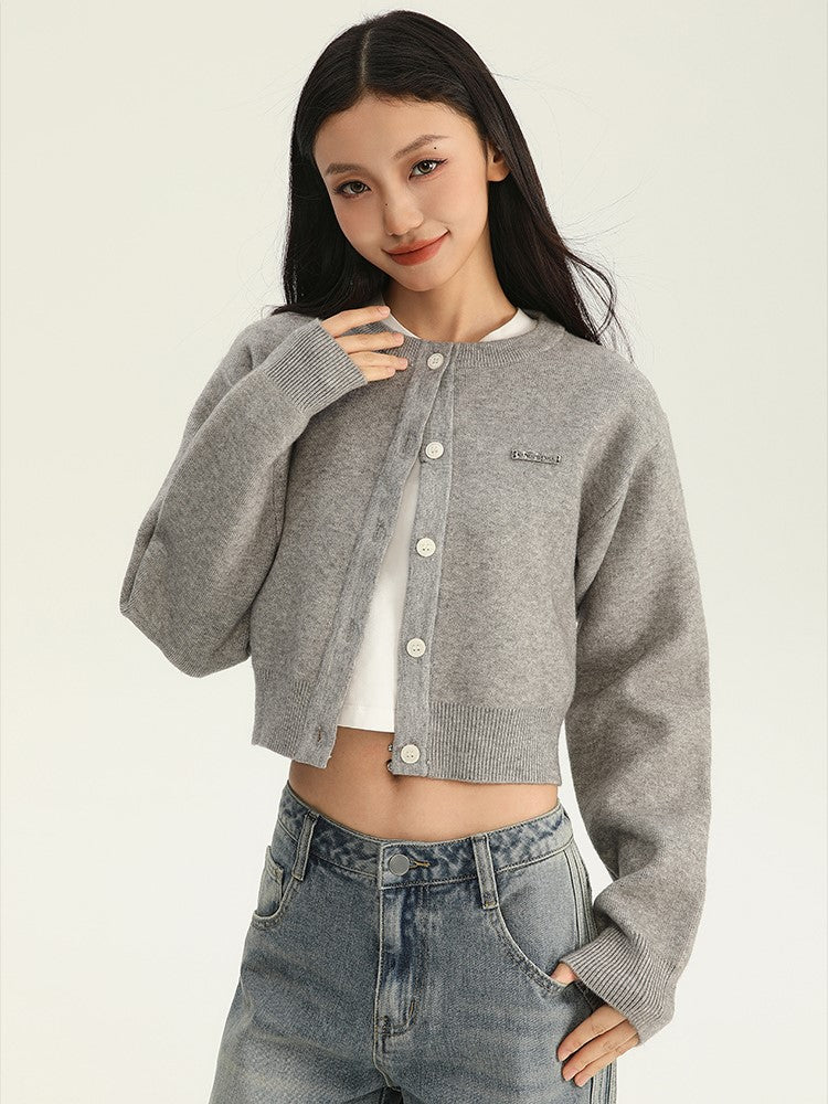 Cropped Button Crewneck Cardigan