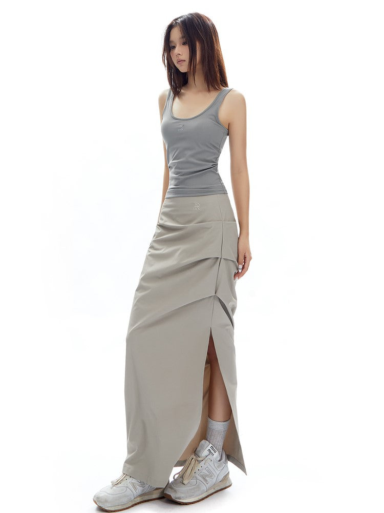 Ruched Curve-Slit Midi Skirt