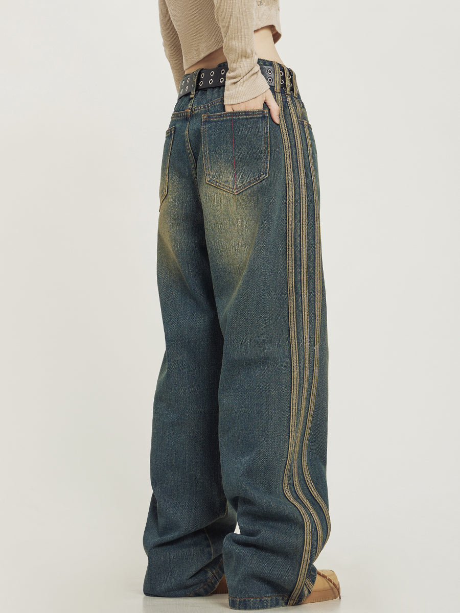 Retro Washed Striped Denim Jeans