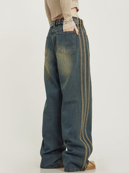 Retro Washed Striped Denim Jeans