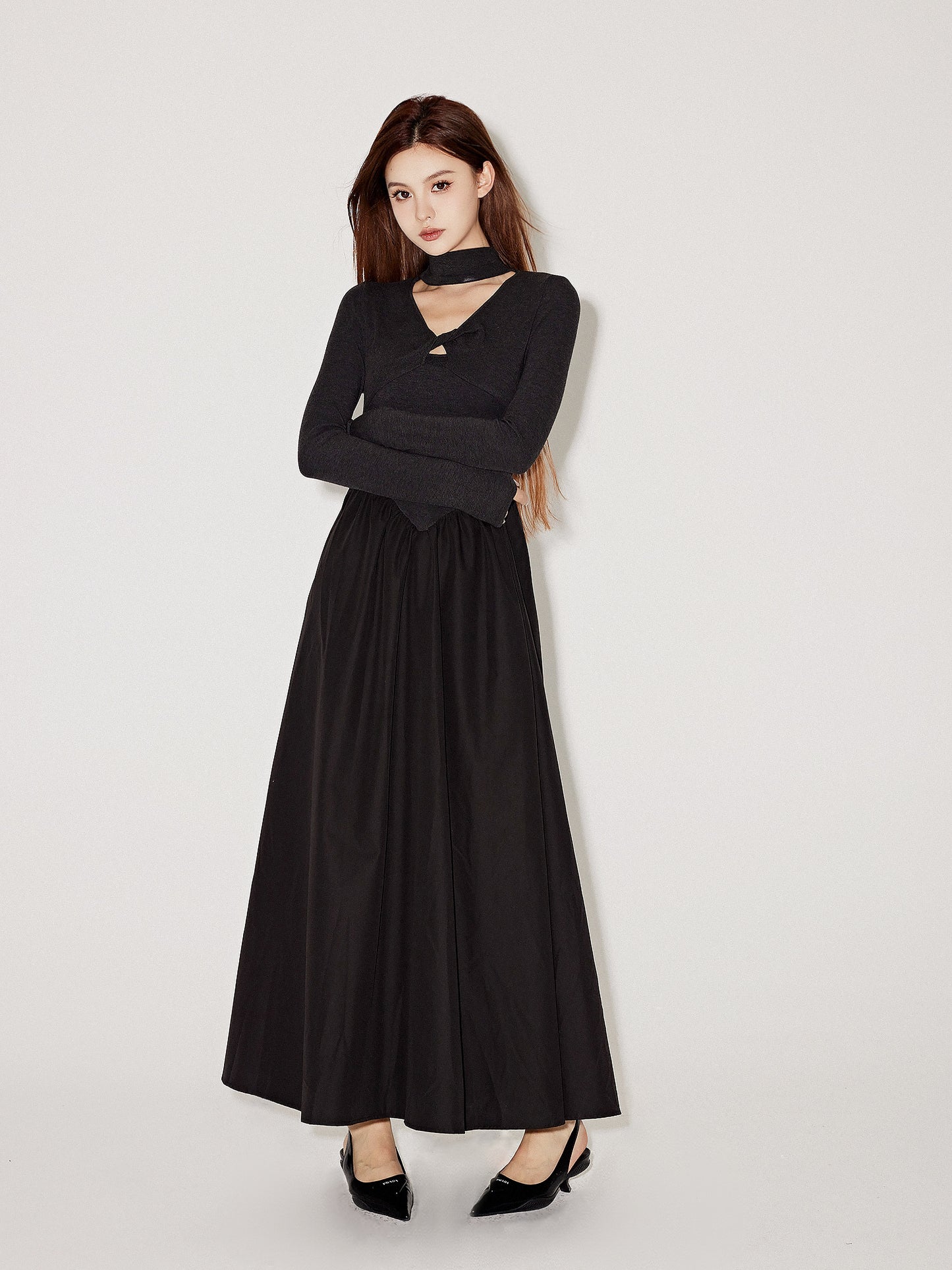 Wrap Neck Long Sleeve Maxi Dress