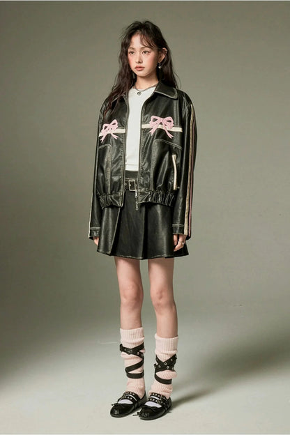 Double Bow Faux-Leather Jacket