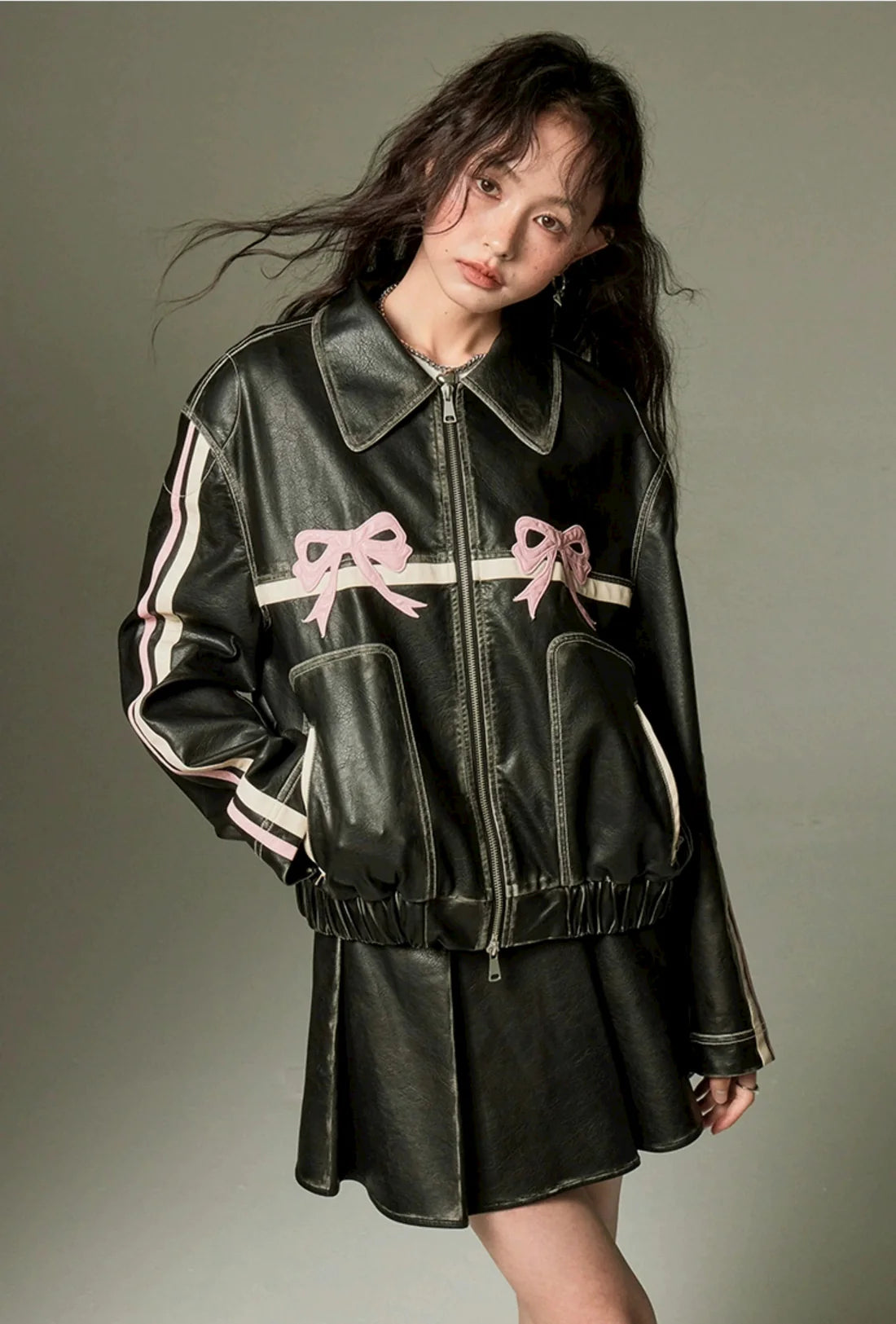 Double Bow Faux-Leather Jacket