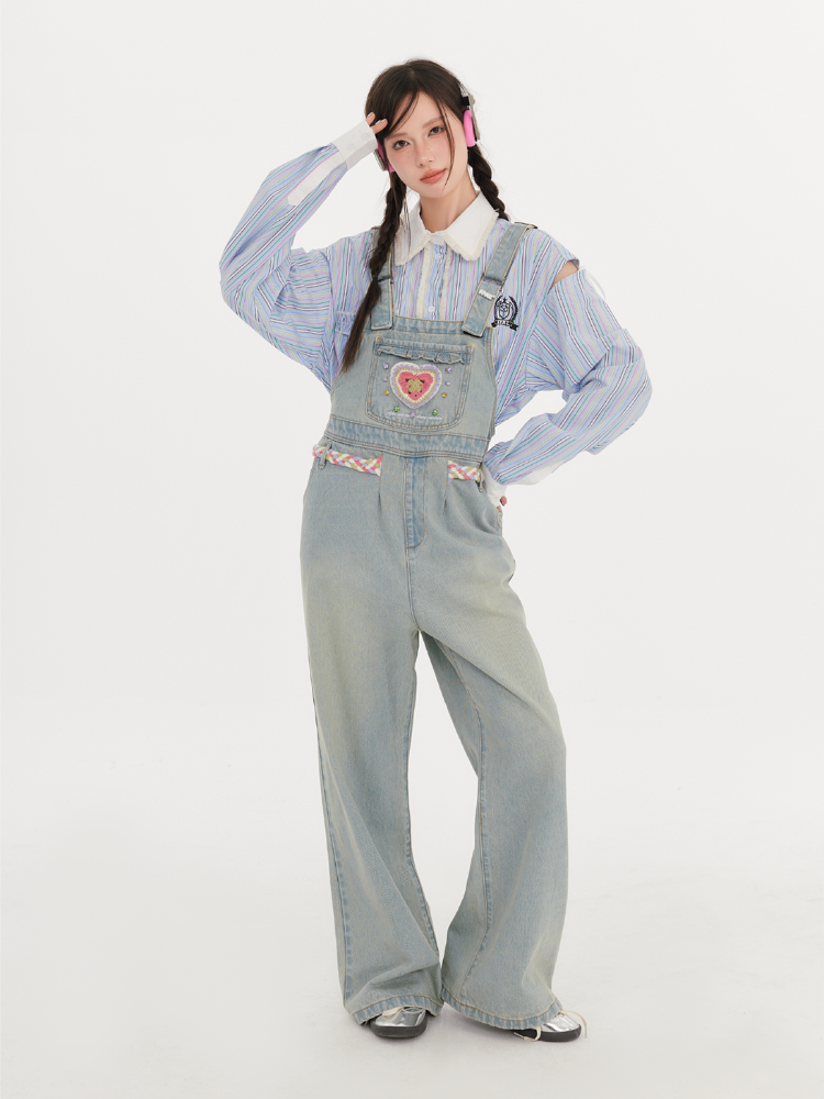 Crochet Heart Denim Overalls