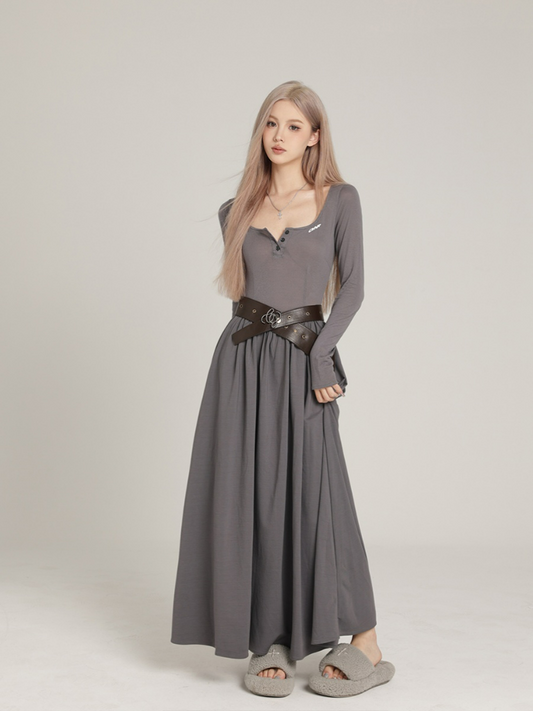 Square Neck Long Sleeve Maxi Dress