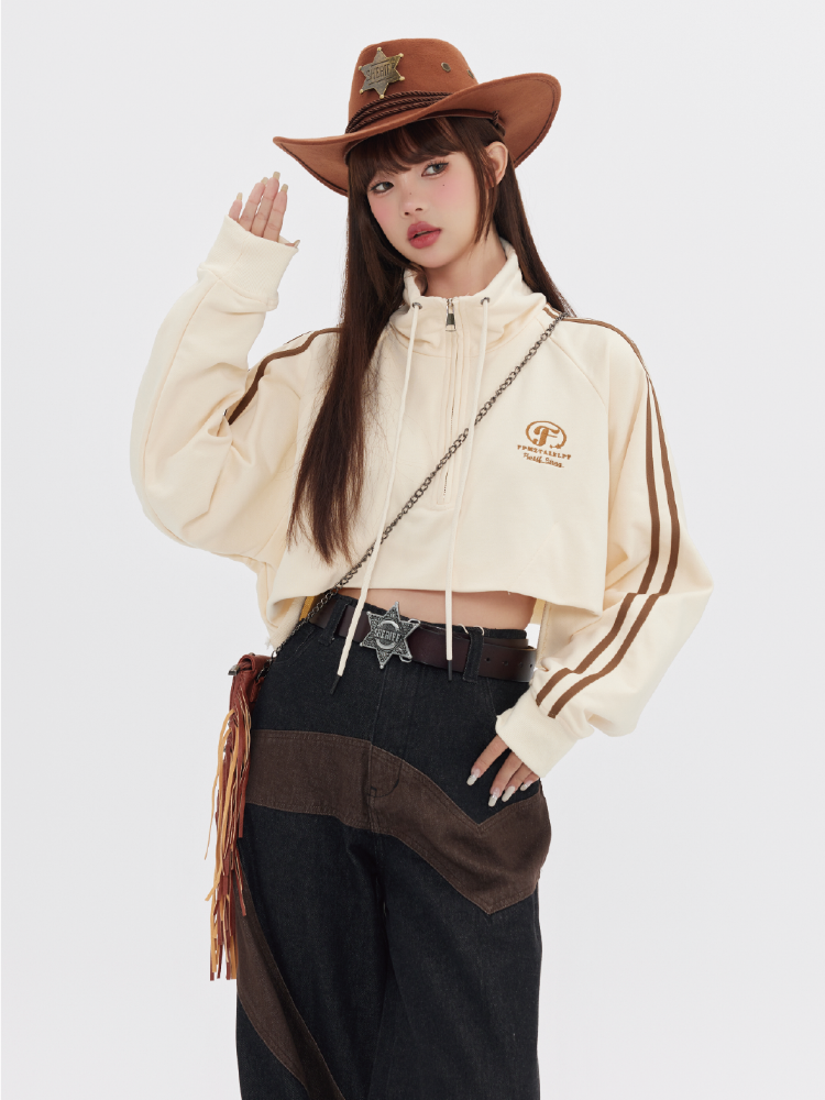 Striped Stand Collar Cropped Track Jacket