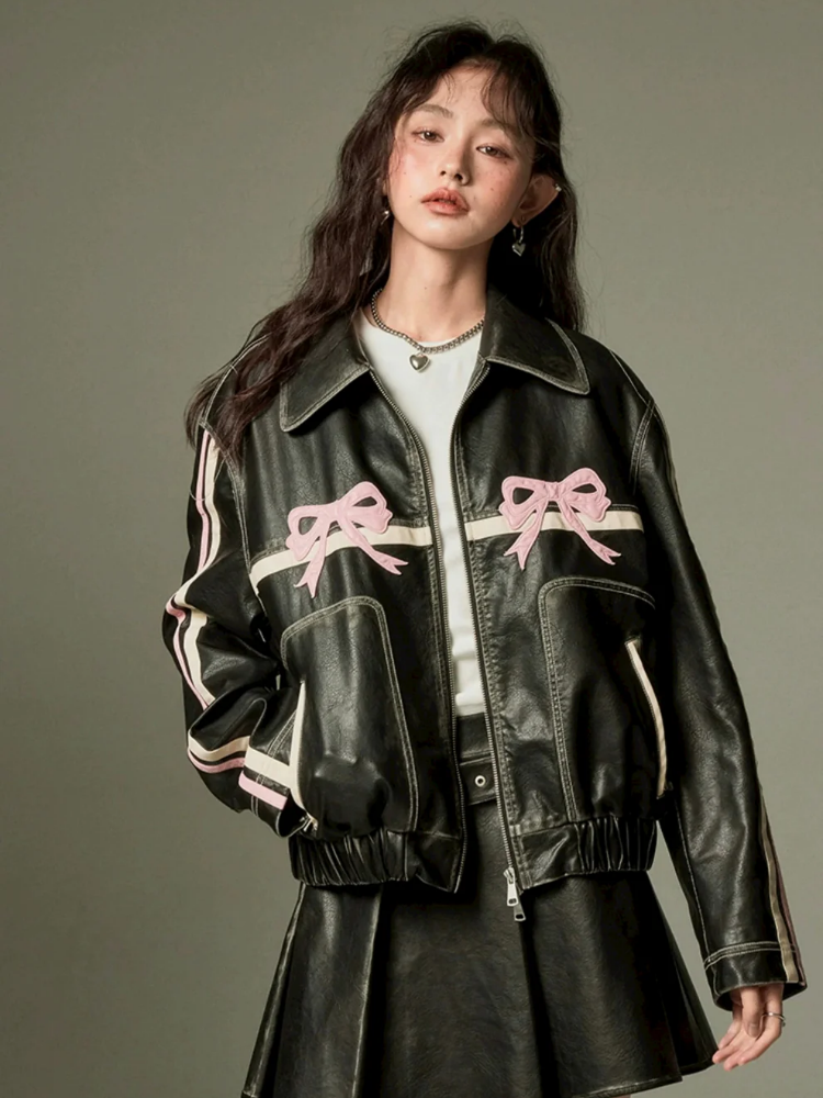 Double Bow Faux-Leather Jacket