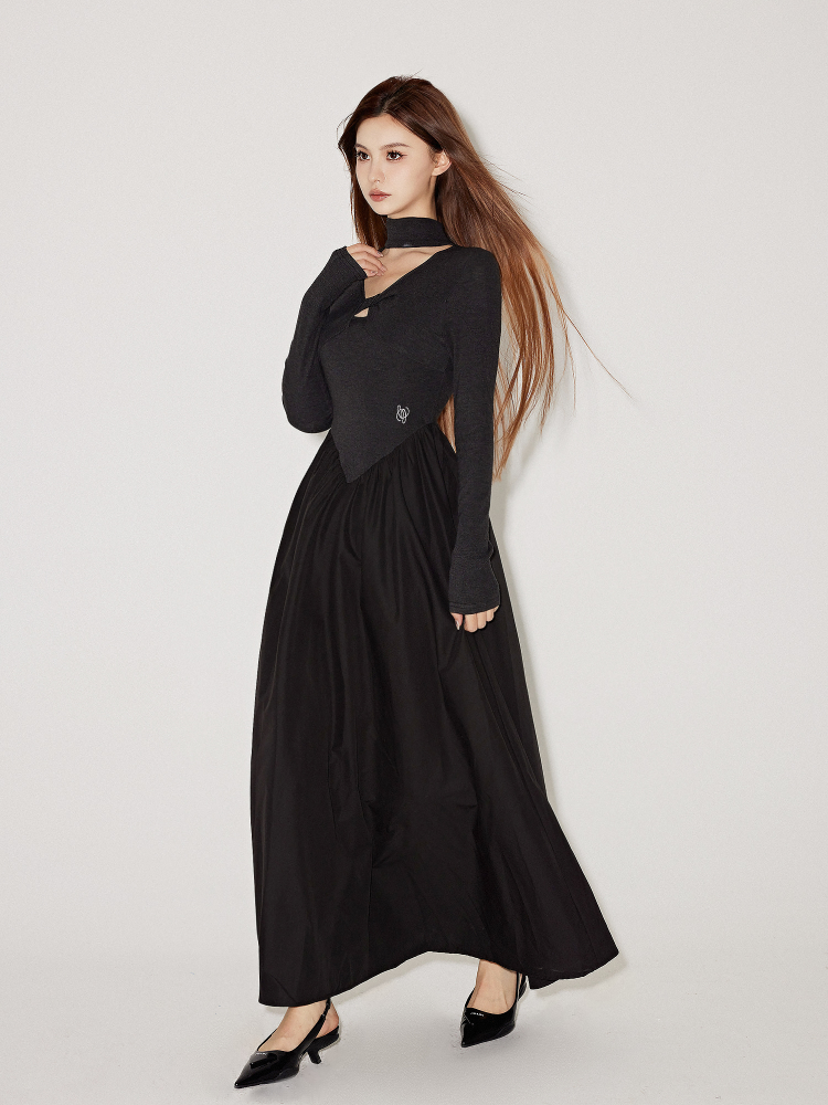 Wrap Neck Long Sleeve Maxi Dress