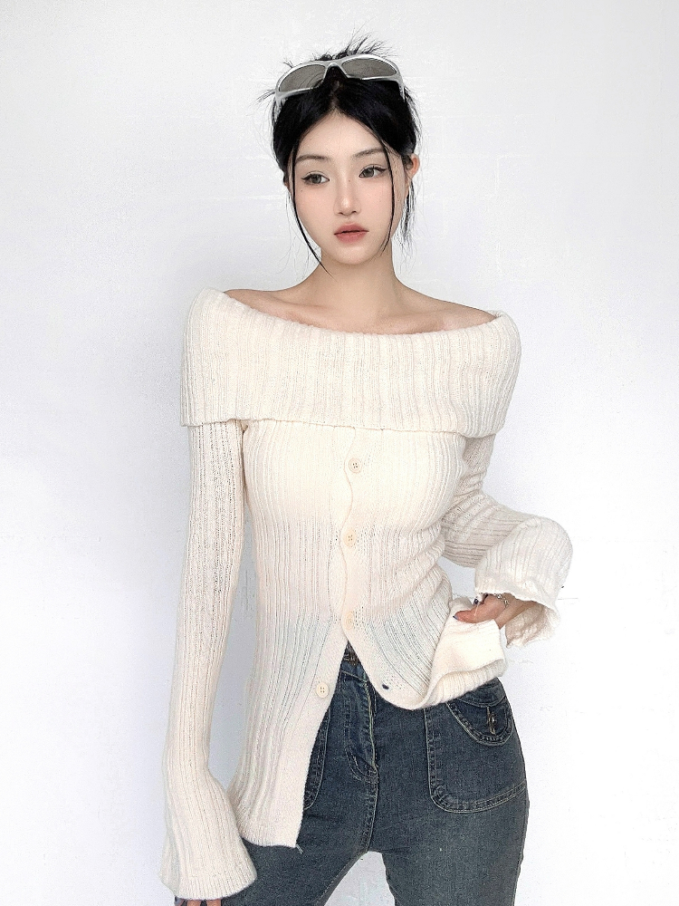 Off Shoulder Split Ribbed Long Sleeve