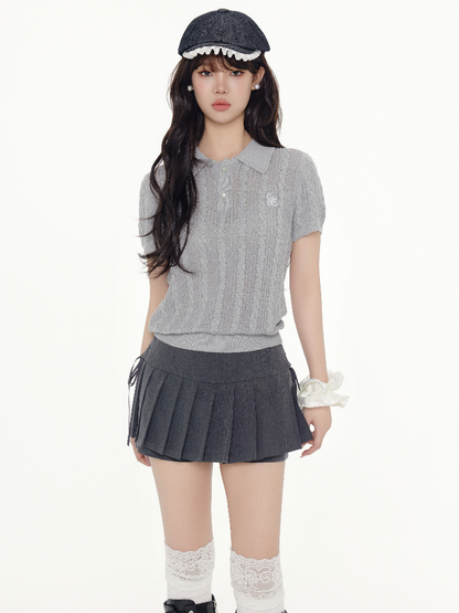 Cable-Knit Cropped Polo Shirt