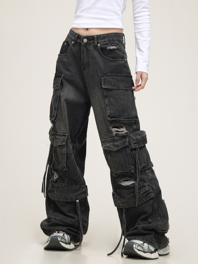 Distressed Multipocket Denim Cargo Jeans