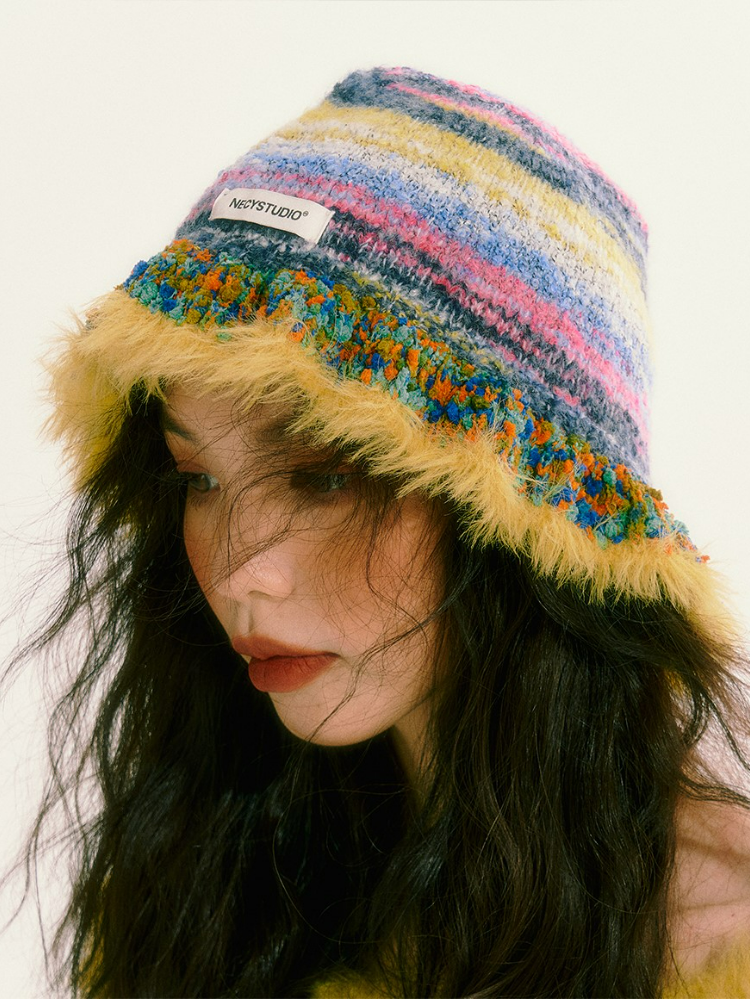 Oil Painted Stripe Yarn Tasseled Beanie