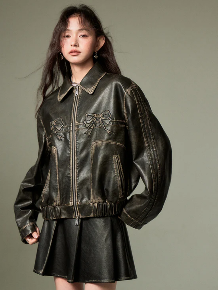 Double Bow Faux-Leather Jacket