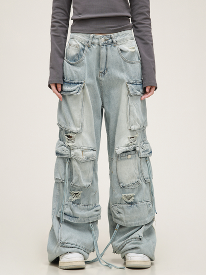 Distressed Multipocket Denim Cargo Jeans