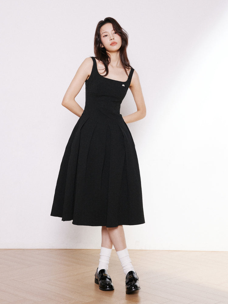 Open Back Pleated Strap Midi Dress