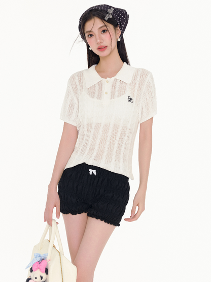 Cable-Knit Cropped Polo Shirt