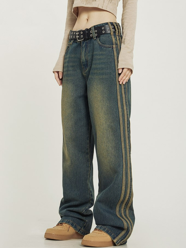 Retro Washed Striped Denim Jeans