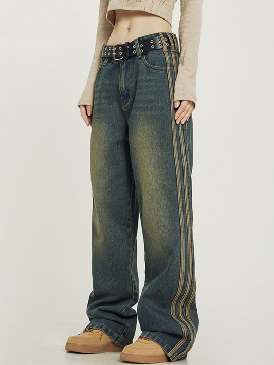 Retro Washed Striped Denim Jeans