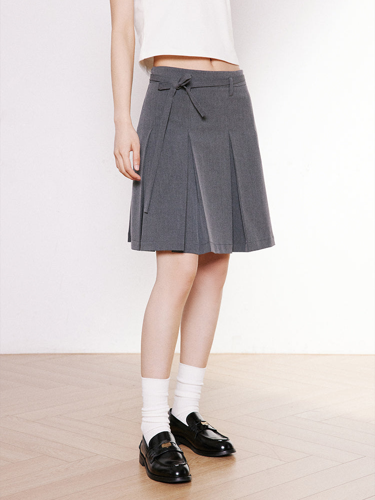 Pleated Bow Belt Midi Skirt