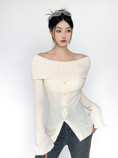 Off Shoulder Split Ribbed Long Sleeve