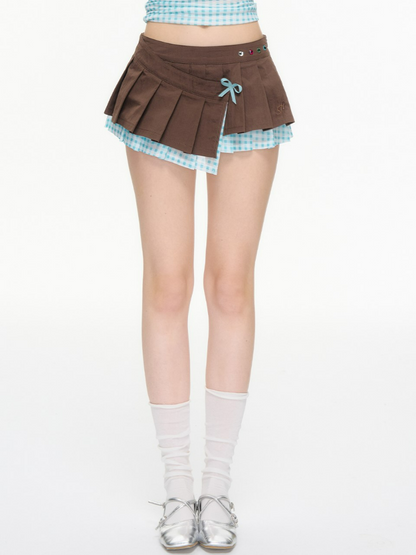 Asymmetric Pleated Gingham Mini Skirt