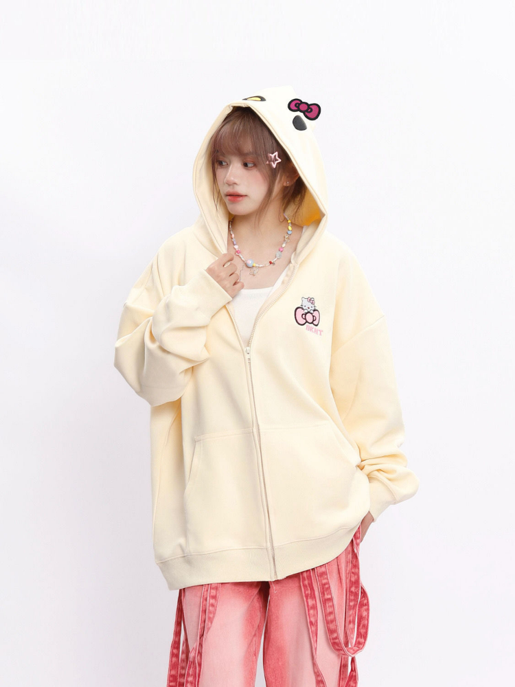 Embroidered Bow Kitty Hoodie