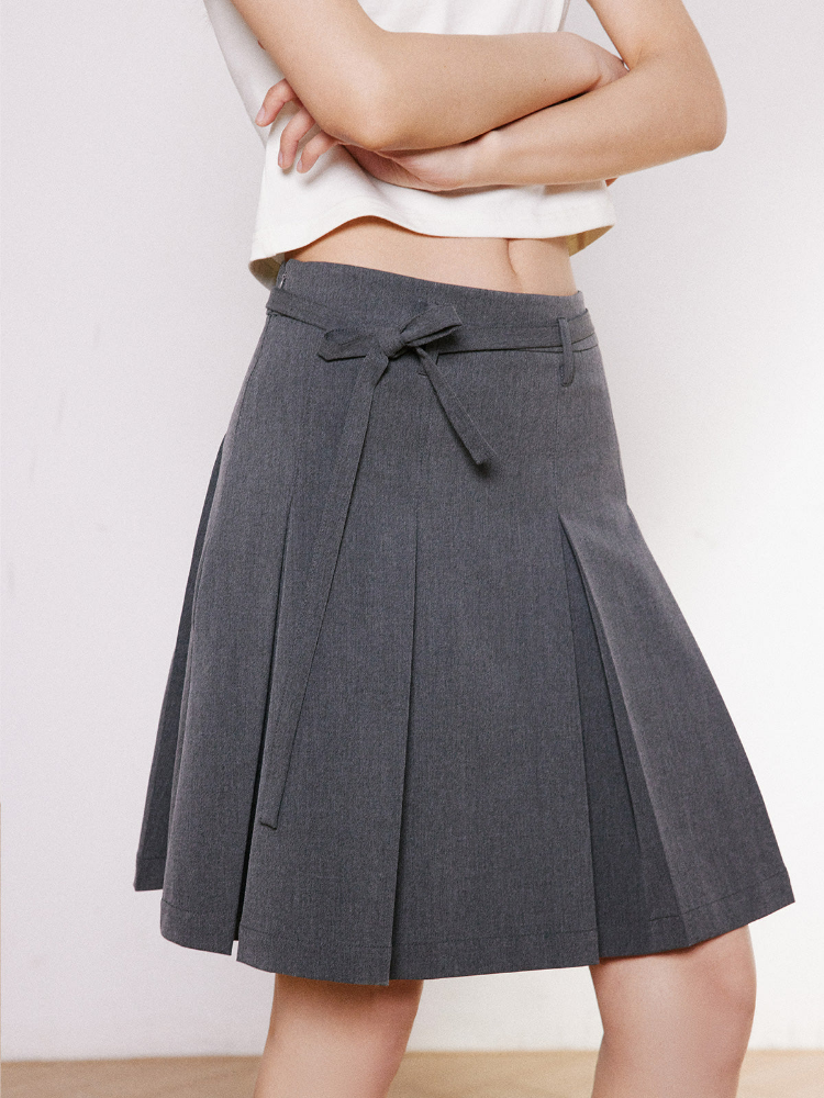 Pleated Bow Belt Midi Skirt