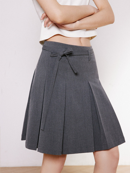 Pleated Bow Belt Midi Skirt