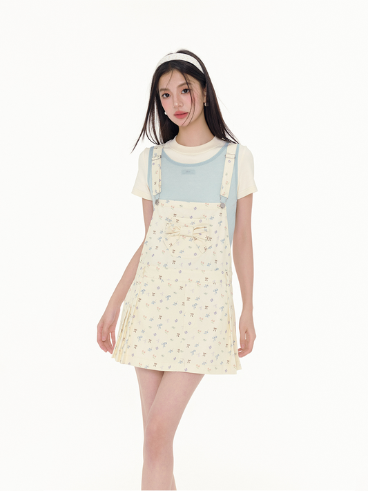 Bow Print Pleated Overall Dress