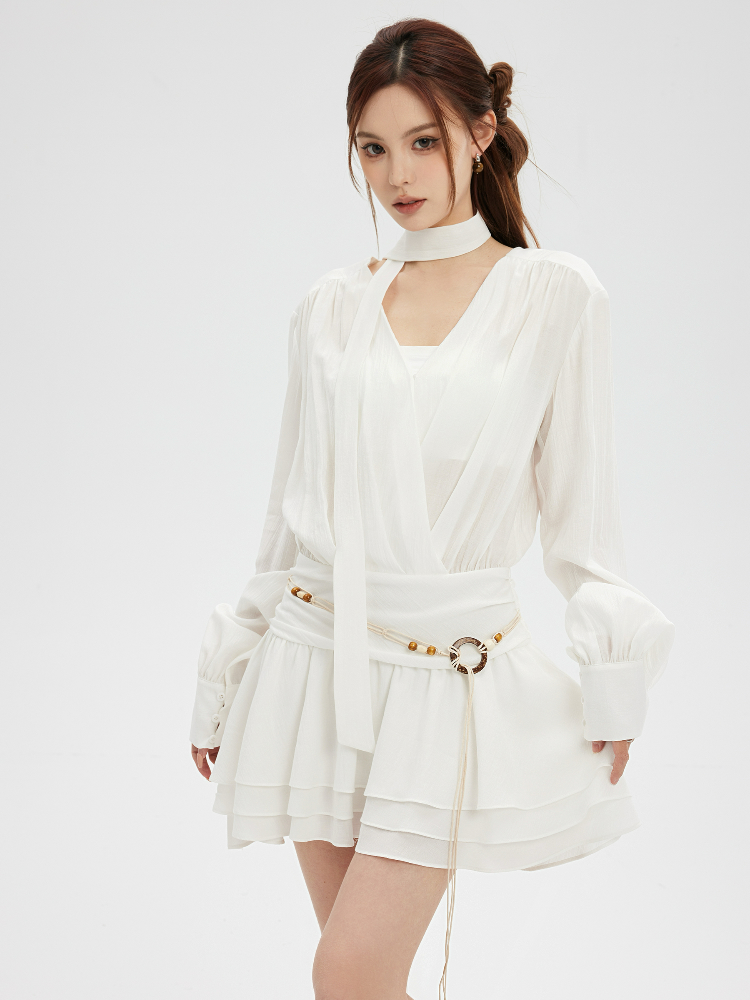 Chiffon Wrap Neck Tiered Mini Dress