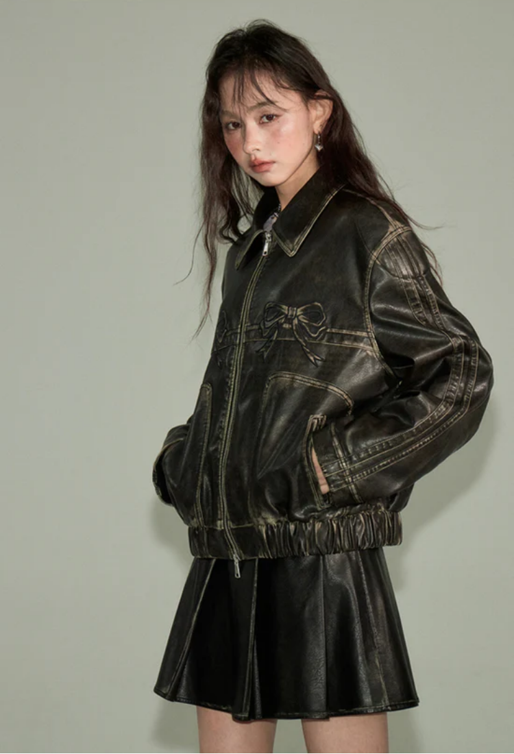 Double Bow Faux-Leather Jacket