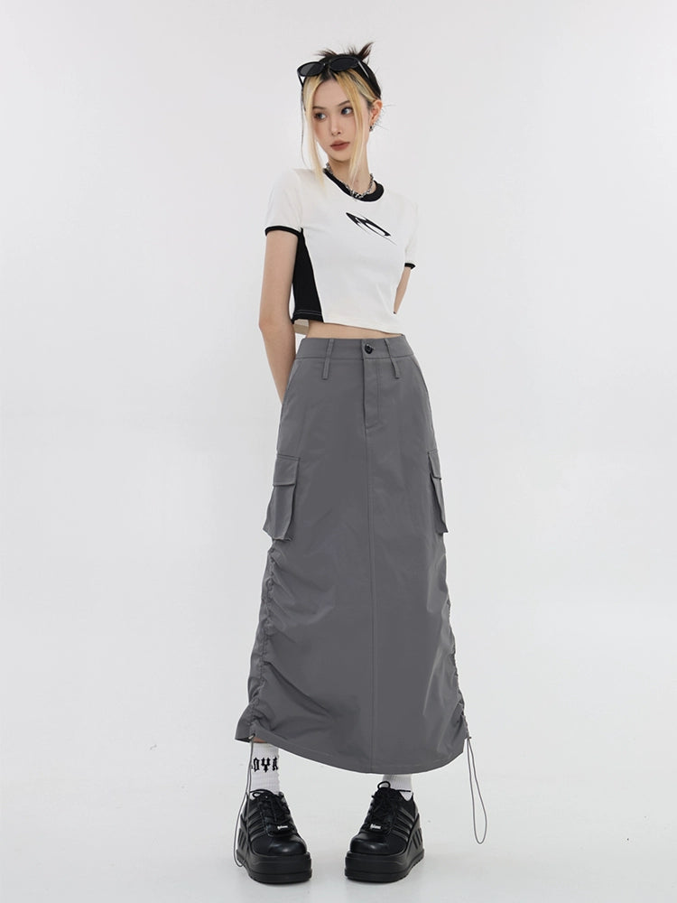 Drawstring Cargo Midi Skirt