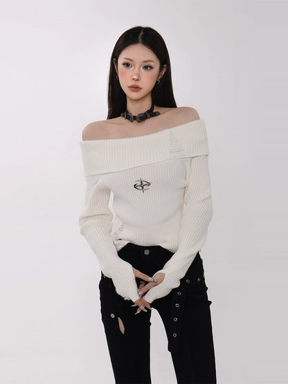 Distressed Off Shoulder Rib Long Sleeve